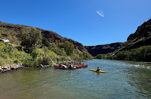 Mr Mackay (pictured centre), who has run the business for 25 years, said a video posted by a tourist showing a crocodile trap had caused people to overreact about the potential danger of using the waterway.