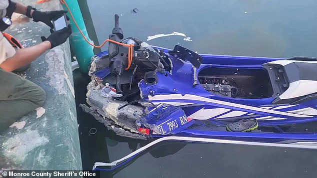 One image showed the front of the jet ski torn off and a sandal left on the side.