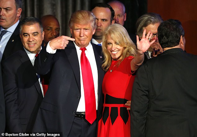 Despite her mother being the former president's top adviser from 2017 to 2021, Claudia has persistently expressed her opposition to Trump. (pictured: Kellyanne and Trump in 2016)