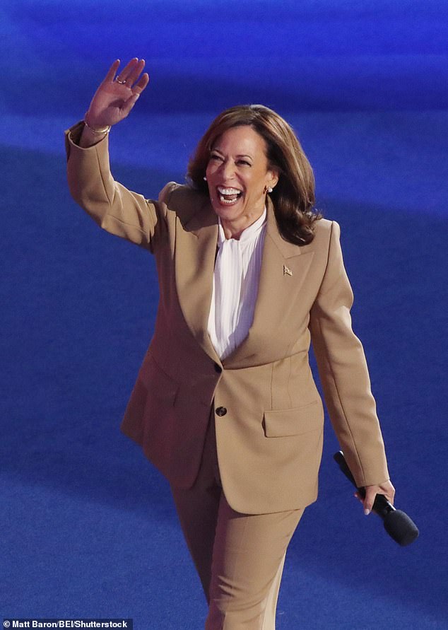 As the Obamas spoke, Harris held a rally 90 miles away in Milwaukee on Tuesday night. (Pictured: Harris on Monday after making a surprise appearance at the Democratic National Convention)