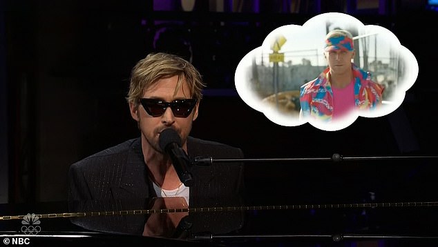 As Ryan attempted to put his iconic Ken character to rest in the opening monologue, he sat down at a piano and began singing Taylor's hit song All Too Well, from her album Red, before Emily hilariously interrupted him.