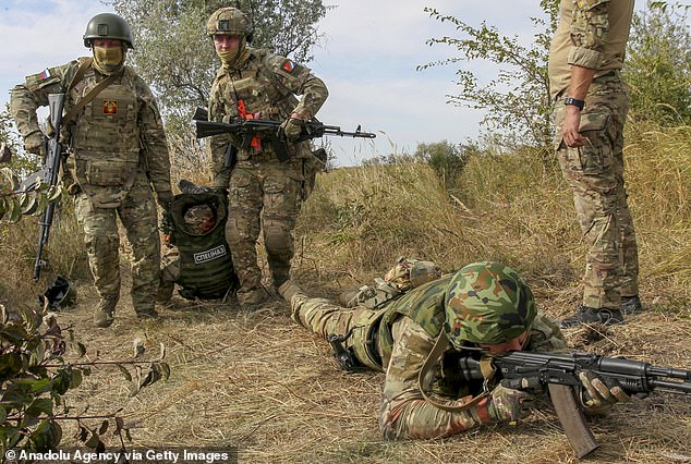 Medical workers, volunteers and military personnel conduct joint training for war zones in the Aksaysky district of the Rostov region, Russia