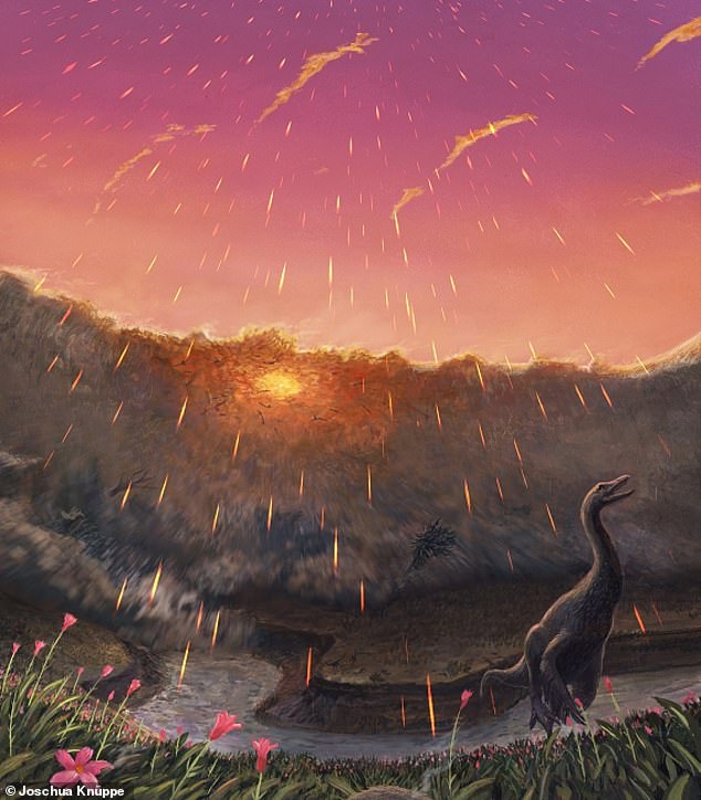 Artist's reconstruction of the historic event, known as Chicxulub, with deadly impact spherulites falling from the sky 66 million years ago