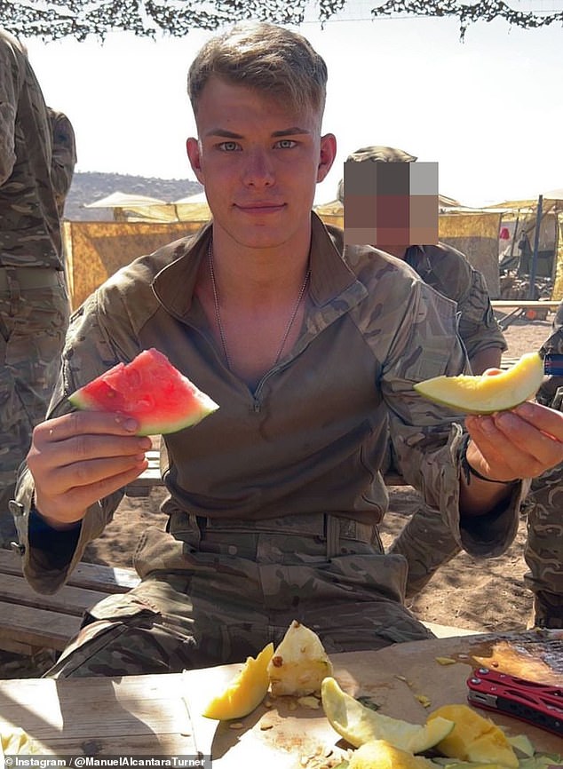 Manuel is pictured holding a tropical fruit in his army uniform. He joined the armed forces at just 16 years old.