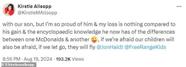 The Location, Location, Location presenter added that 'if we are afraid our children will be afraid too, if we let them go, they will fly away'.