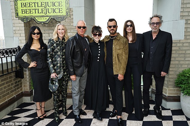 Jenna Ortega, O'Hara, Keaton, Ryder, Justin Theroux, Monica Bellucci and Tim Burton at a photocall in New York on August 17