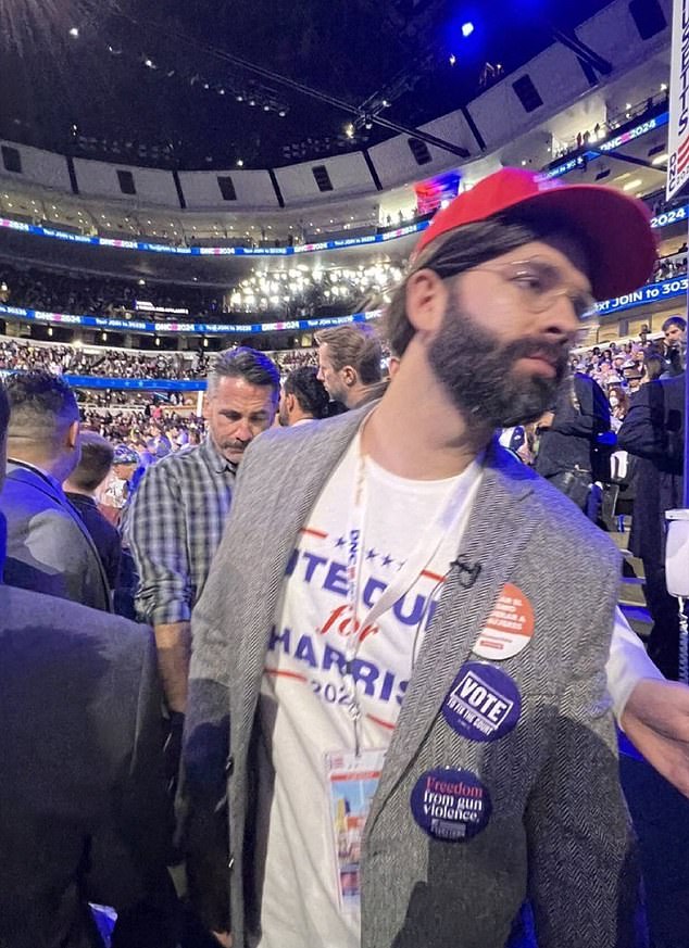 In addition to her ponytail and red Harris cap, Walsh also covered her jacket with stickers from the Democratic candidate's platform, including 