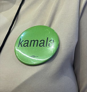 A pin of Kamala in 'brat' green