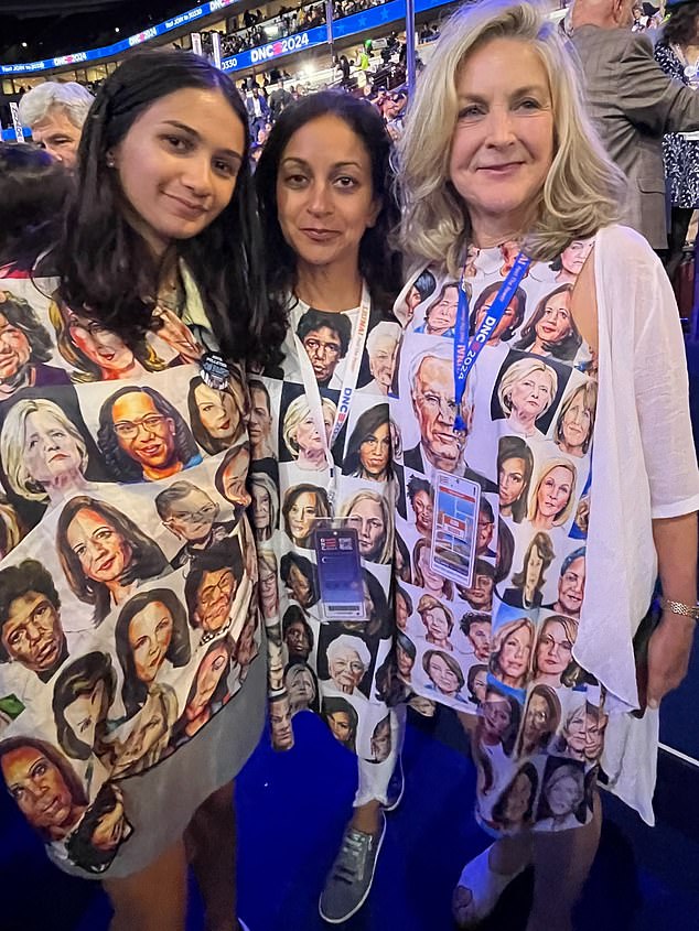 A group of Connecticut women wearing dresses designed by TL Duryea featuring images of American women leaders. The dress worn by Kristen Hamlin (right) also included a solitary image of President Biden to honor him at the convention.