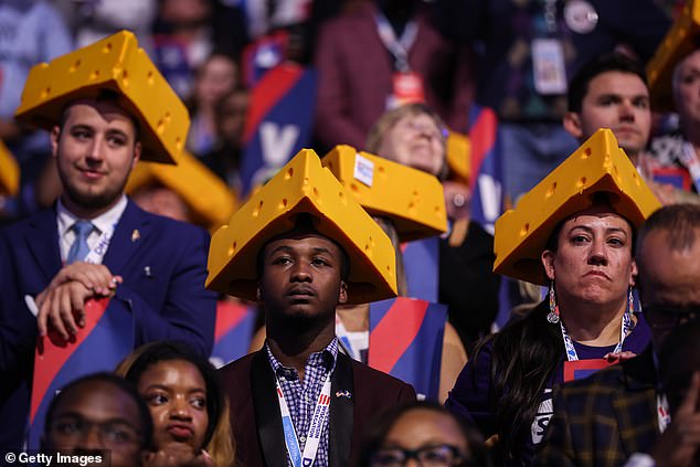 Wisconsin delegation members wearing cheese hats for celebratory roll call