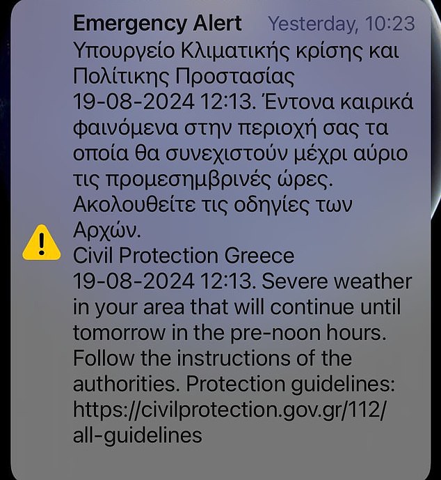 The notice sent by Greece's civil protection agency warned passengers about inclement weather