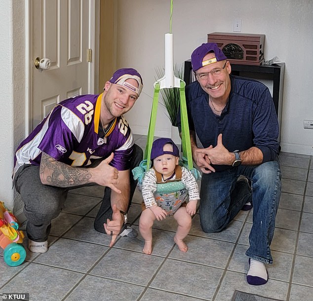 Tyler, left, and his father, right, pose for a cute photo with Tyler's son.