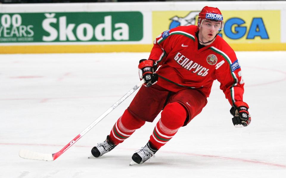 Konstantin Koltsov #28 of Belarus skates against Slovakia in the preliminary round game of the IIHF Men's World Championship at the Wiener Stadthalle on April 30, 2005 in Vienna, Austria.