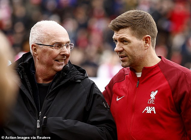 Eriksson, pictured with his former England player Steven Gerrard, fulfilled a lifelong ambition in March this year by coaching a Liverpool team at Anfield in a charity legends match.