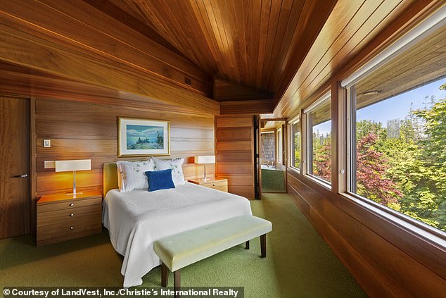 One of the bedrooms (pictured) is located at the bottom of a flight of stairs and is covered from head to toe in sleek wood and green carpeting.