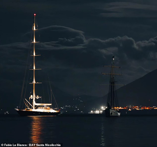 The superyacht (pictured) was moored off the coast of Porticello, near Palermo, when it was hit by an overseas tornado, known as a waterspout.