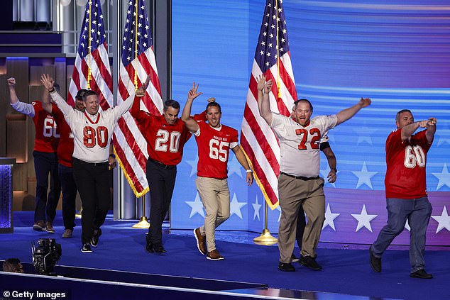 Former Mankato West High School football players take the stage at the Democratic National Convention as their former coach Tim Walz is nominated for vice president of the United States.