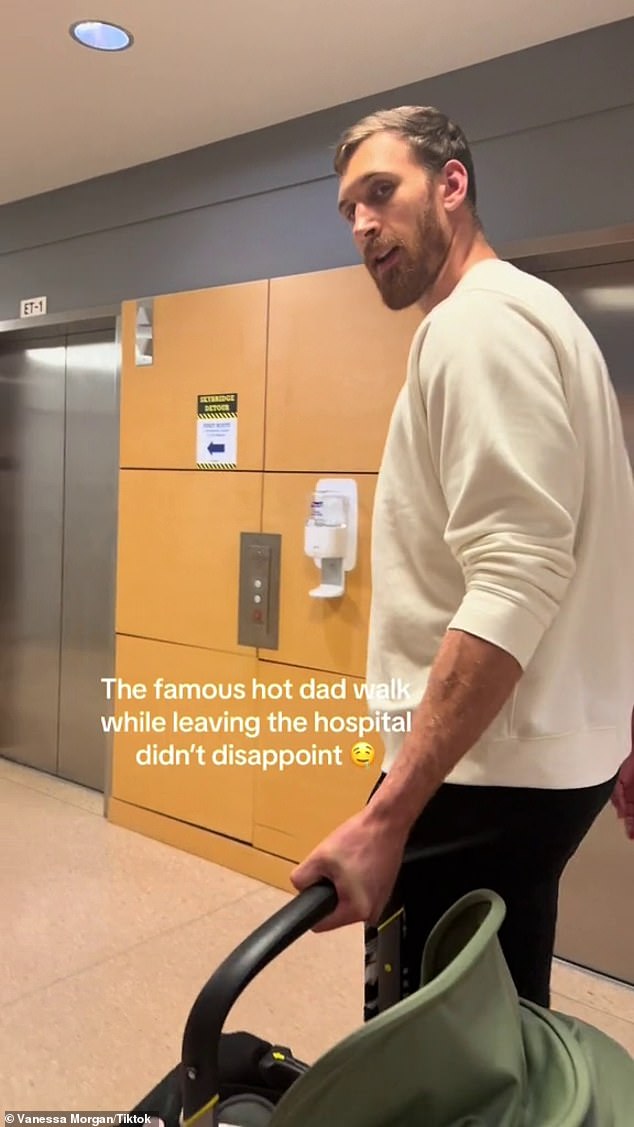 Morgan captioned the clip: 'The famous sexy daddy walk out of the hospital did not disappoint. Okay get me pregnant again!'