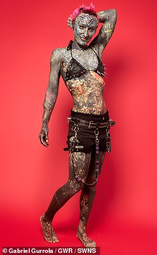 Esperance Fuerzina (pictured), 36, from Bridgeport, Connecticut, has now been officially declared the most tattooed woman in history.