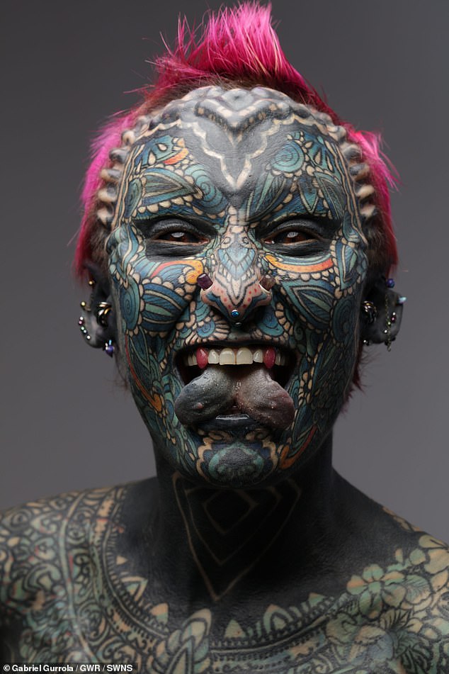 The veteran, who got her first tattoo on her hip at the age of 21, has also been awarded the Guinness World Record for the most body modifications for a woman.