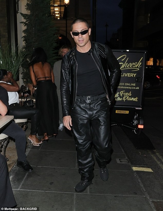 Meanwhile, former TOWIE star Joey, 34, opted for a full leather look and donned dark sunglasses.