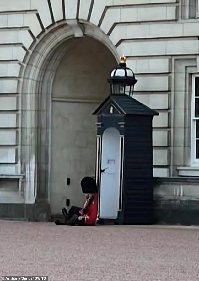 The guard unexpectedly fell to the ground during his march out of the palace.