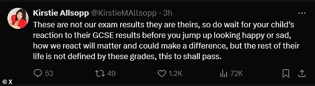 The presenter, 59, tweeted: 'These aren't our exam results, they're yours, so wait for your child's reaction to their GCSE results before jumping happy or sad.'