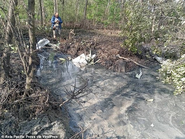 Parts of the wreck are seen in swampy waters in the forest of Chachoengsao province.