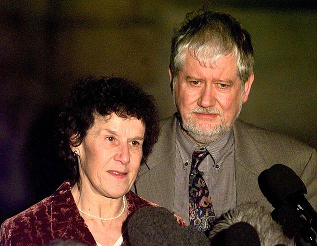 Angela and Phill Woodruff are pictured speaking to reporters after the trial. In the new Channel 5 programme, Phill details his memories of the horrific murder of his mother-in-law, Kathleen Grundy, who was his wife's mother.