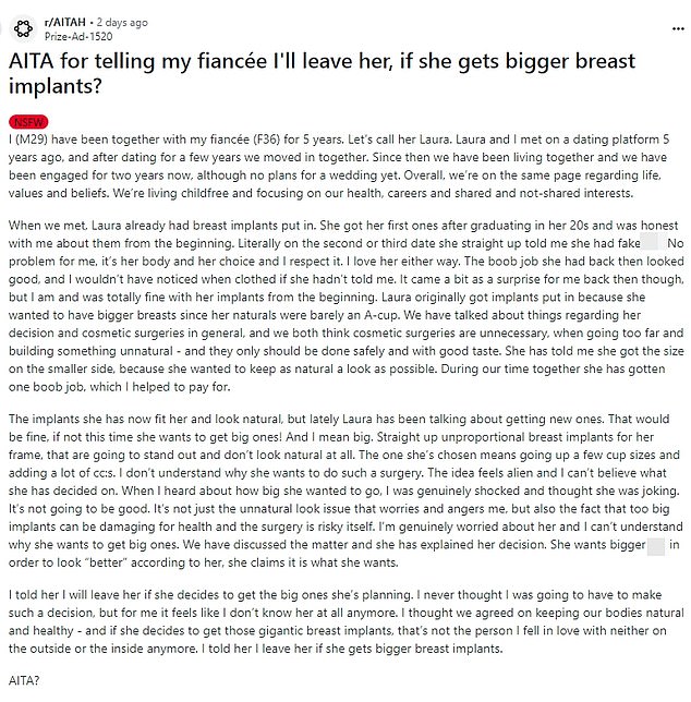 The 29-year-old, who did not share his name online, took to Reddit to unleash a furious tirade about his 36-year-old lover's obsession with plastic surgery.