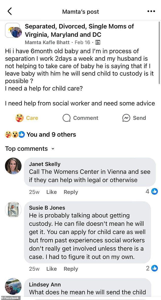 In February, Mamta posted to the Facebook group Separated, Divorced, Single Moms of Virginia, Maryland and DC about her need for counseling from a social worker.