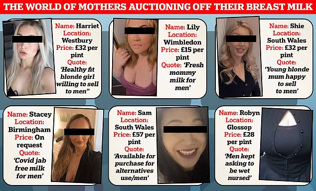 A selection of British mums or mums-to-be selling their breast milk online and inviting men to place an order.