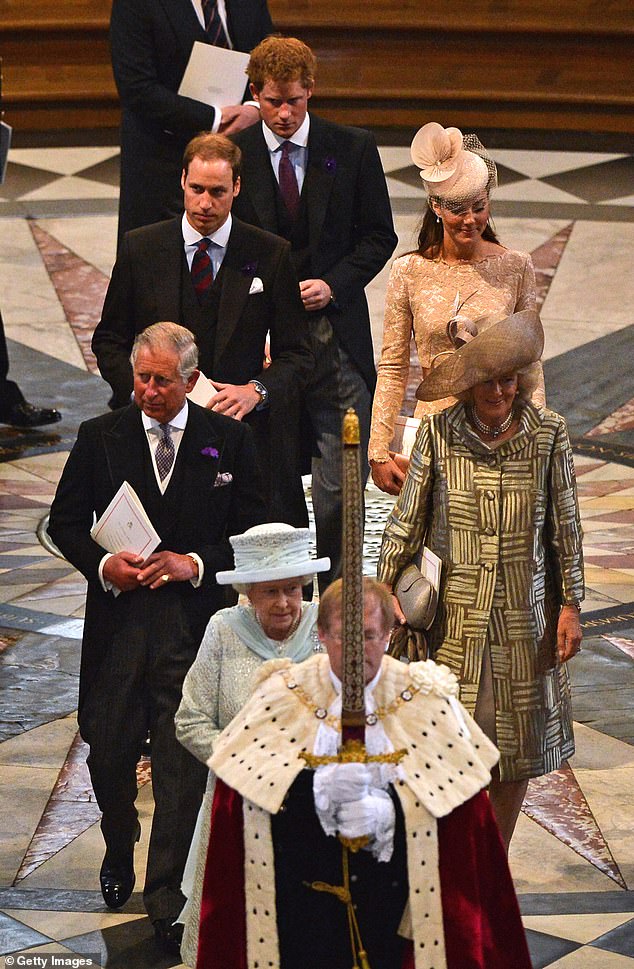 Prince Harry pictured with Prince William, Kate, his father, King Charles, Queen Camilla and the late Queen Elizabeth II in June 2012 in London.