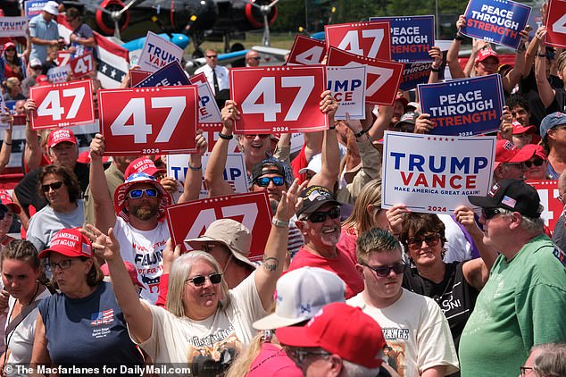 Thousands of people waited for hours to hear Trump speak on Wednesday as he toured battleground states while Democrats held their convention in Chicago, Illinois.