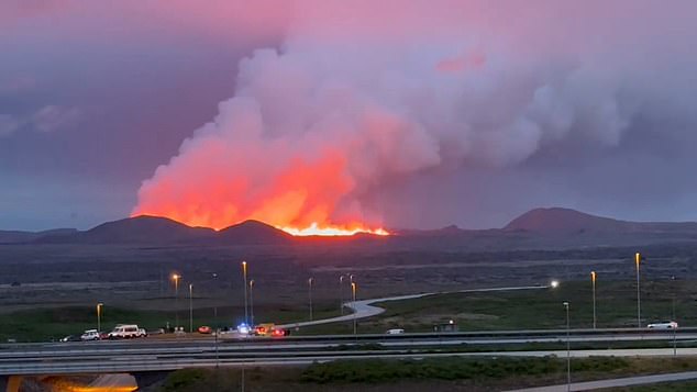 Emergency services at the site of the volcanic eruption in Iceland