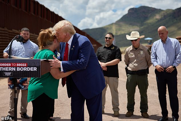 After concluding his remarks and expressing his support for the former president, Trump leaned in to hug her and kissed her on the cheek before thanking her for sharing her story.