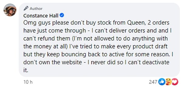 She went on to beg fans not to buy stock on her website because she couldn't fulfill orders and couldn't issue them refunds.