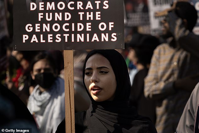 Demonstrators gather in protest of the war in Gaza near the United Center, where the Democratic National Convention (DNC) will be held on August 21, 2024