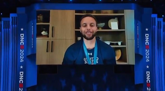 The US Olympic basketball hero addressed fans on the giant screen at the Democratic National Convention in Chicago