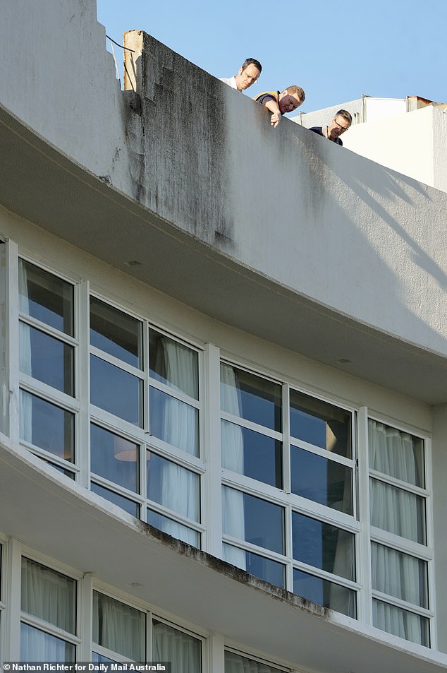 Witnesses reported seeing the plane flying dangerously low before crashing into the roof of the hotel and bursting into flames (pictured: investigators survey the damage)