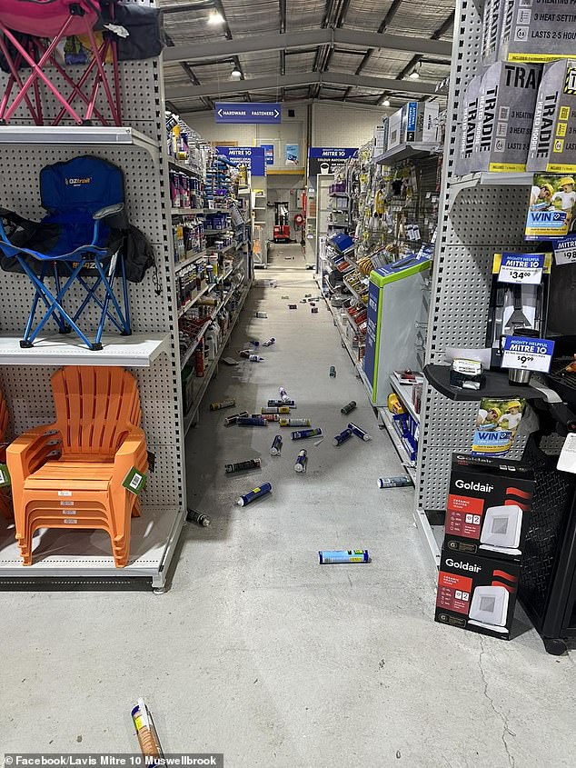 Lavis Mitre 10 in Muswellbrook posted a photo of items strewn across its aisles after the earthquake.