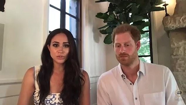 The magazine revealed several features of the property, including the two connected palm trees in the garden, which the Duke of Sussex (pictured right at his home), 37, refers to as himself and Meghan.