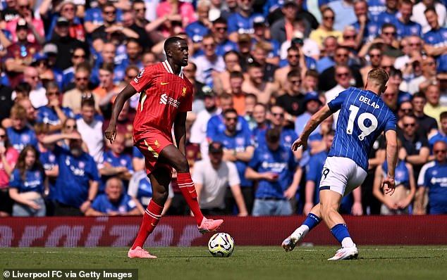 Ibrahima Konate (left) came on and made a positive impact, and Souness was impressed with Slot's bold decision so early in his Liverpool managerial tenure.