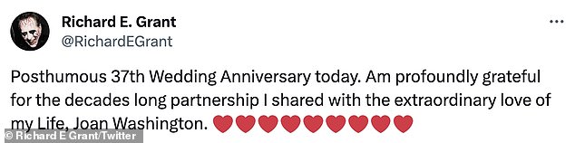 In November, the actor paid tribute to Joan, whom he married in 1986, on what would have been their 37th wedding anniversary.