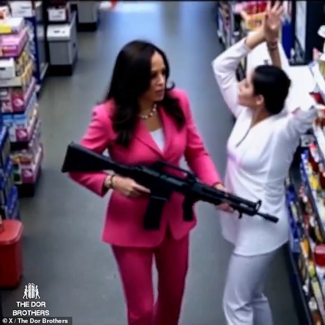 A deepfake clip of Kamala Harris carrying a large gun in a store