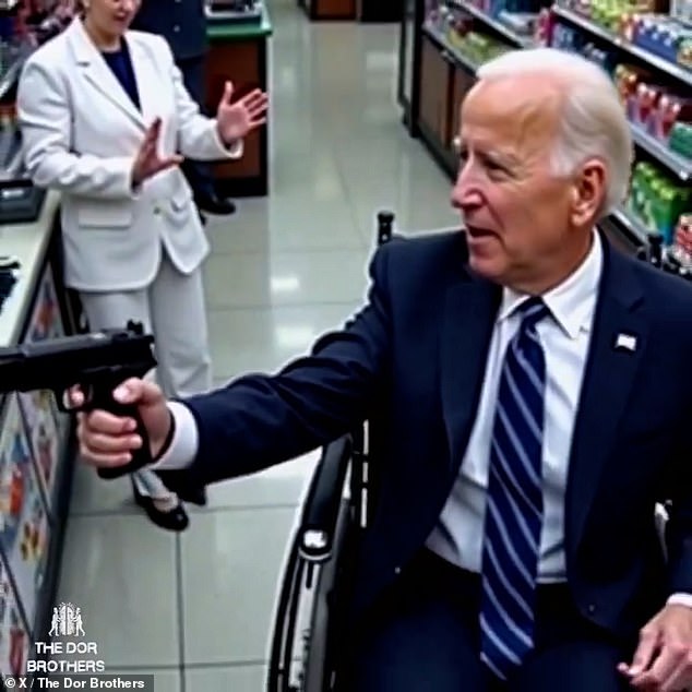 Current President Joe Biden is pictured holding a cane at gunpoint while in a wheelchair