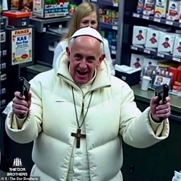 Pope Francis was shown holding a pair of guns as he appeared to rob a store