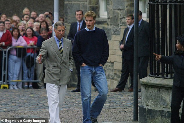 Charles and William wave to the crowd upon the young prince's arrival at St. Andrews in 2001