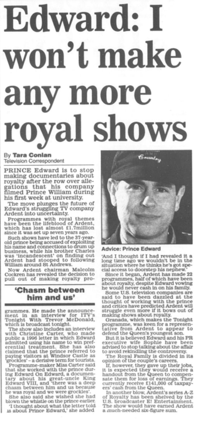 It was later announced that Ardent would stop making TV shows about the royals, the Daily Mail previously reported.