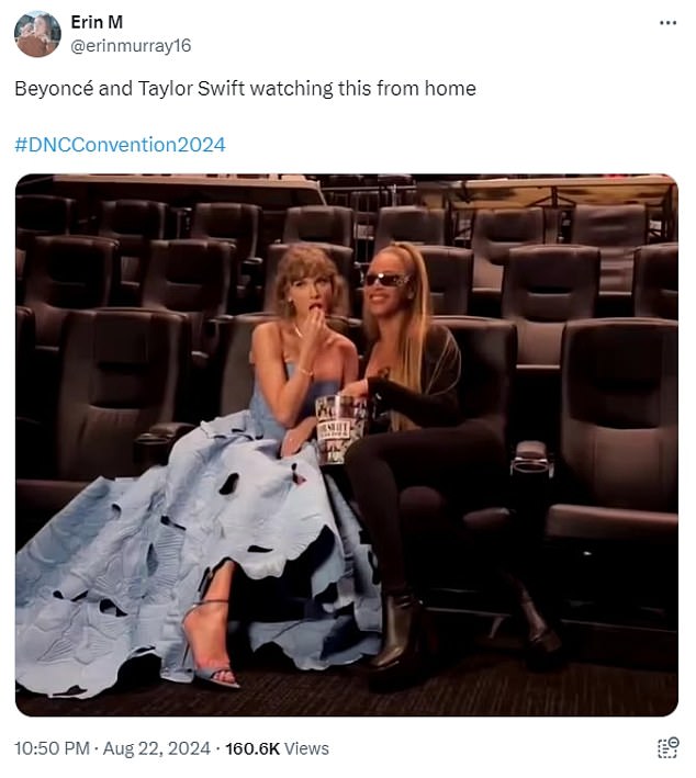 Another showed the singer and Taylor Swift eating popcorn in an empty theater, joking that they were watching the Democratic National Convention from home.